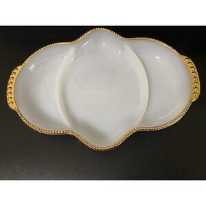 Fire King Milk Glass vintage three compartment dish with gold beaded trim MCM